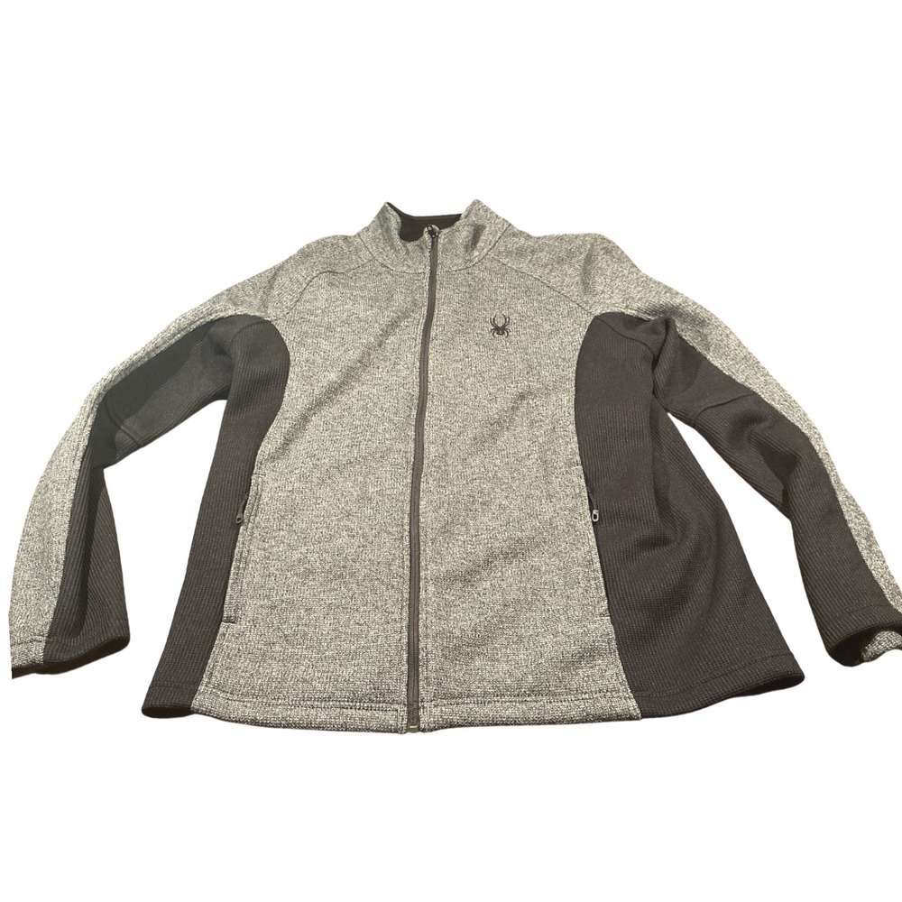 Spyder Mens Full Zip Knit Sweater Jacket Gray Black XL Mock Neck Fleece Lined